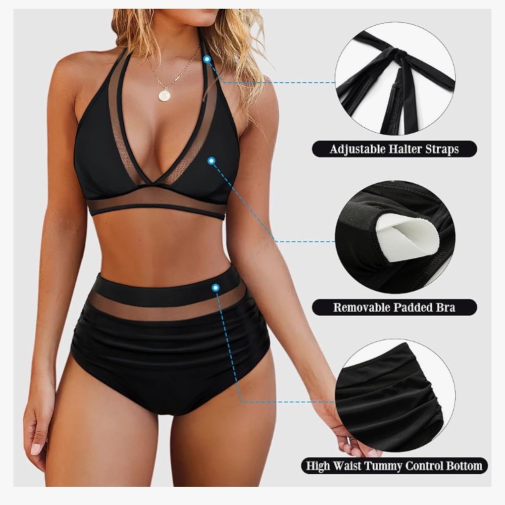Women Mesh High Waisted Bikini Set Sexy V Neck Tummy Control Swimsuit - Picture 9 of 10